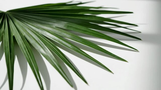 Vibrant green palm fronds fanning out from the lower left corner on a clean white surface with soft window shadows and natural sunlight creating a minimalist tropical aesthetic.