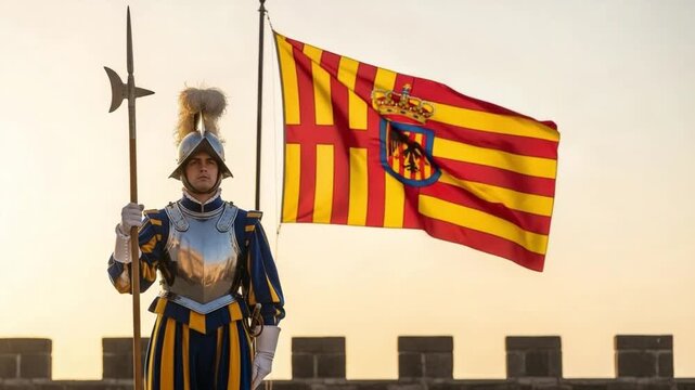Young Caucasian Male Swiss Guard in Ceremonial Armor Holding Halberd by Flag at Sunset