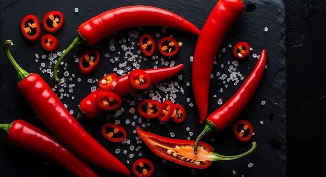 Vibrant red chili peppers and coarse sea salt scattered on a dark slate background. piment rouge