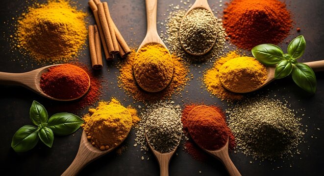 A colorful assortment of various ground and whole spices in wooden spoons on a dark background. epices