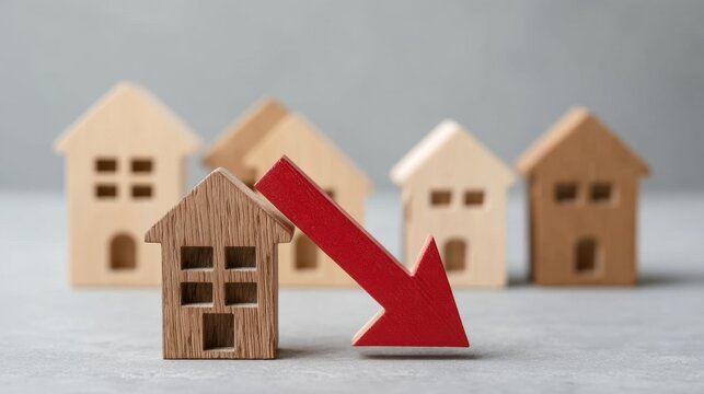Wooden House Figure with Red Downward Arrow Illustrating Decrease or Decline in Real Estate Market Trends