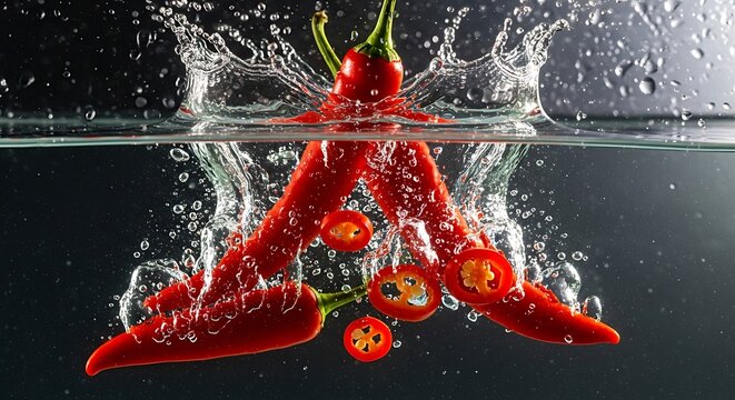 Red chili peppers splashing into clear water with bubbles and droplets on a dark background. piment rouge