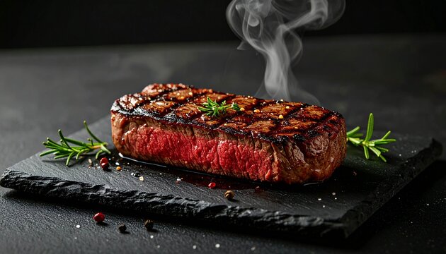 This meat is served medium-rare with a clearly visible juicy texture, decorated with fresh rosemary and a sprinkling of whole peppers. The billowing smoke effect adds to the delicious impression of ts