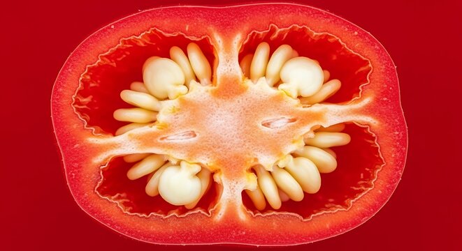 Cross section of a vibrant red bell pepper showing its internal seeds and structure. piment rouge.