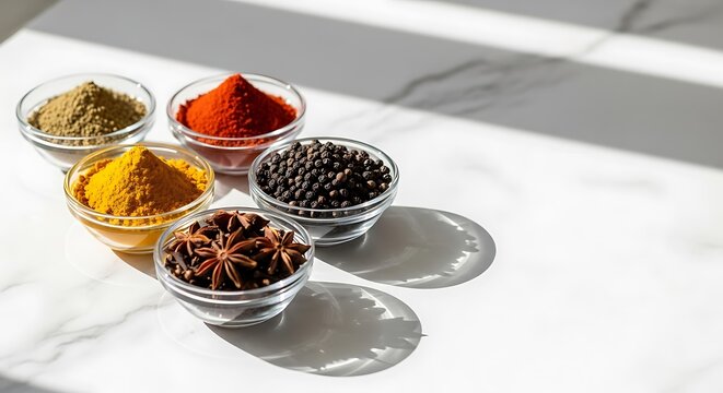 Various aromatic spices in small glass bowls on a white background with sharp shadows and bright light. epices