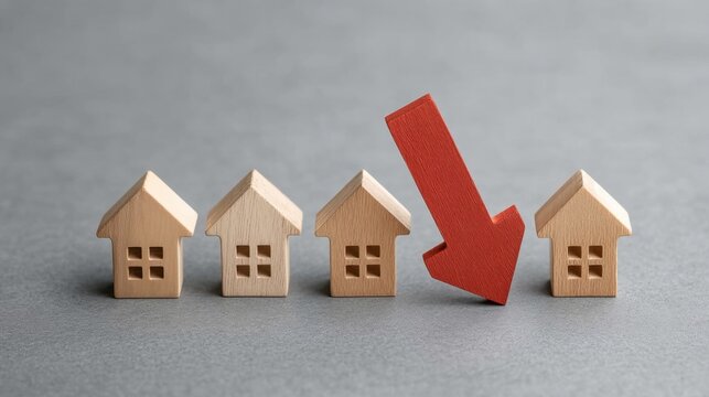 Wooden Houses and Red Arrow Indicating Downward Trend in Real Estate Investment Market