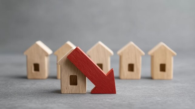 Wooden Houses with a Red Arrow Pointing Downward Symbolizing a Decrease or Decline in Real Estate Market