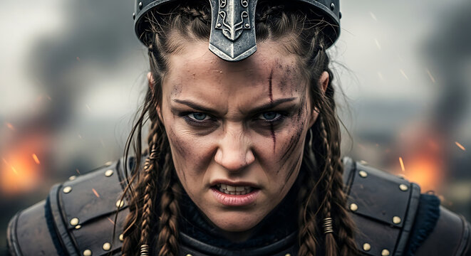 Intense portrait of a fierce medieval Viking shieldmaiden female warrior staring directly at camera with a furious enraged expression and war paint on her face in a historical setting.