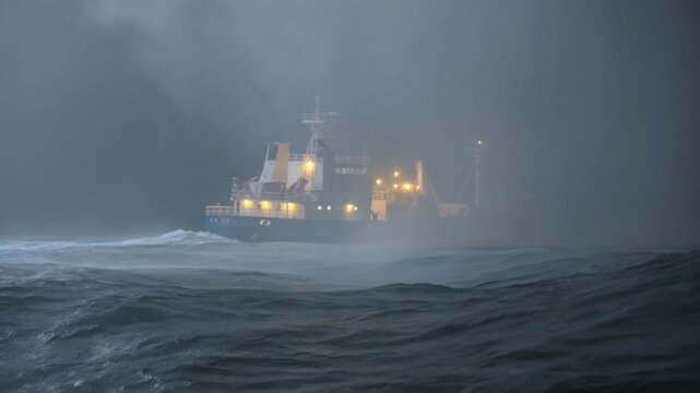 Massive Fishing Ship Vanishes Into Heavy Rain and Fog Across a Brutal Stormy Ocean
