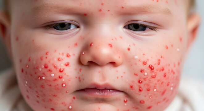 Detailed Medical Macro Shot of an Infant Face Displaying Red Rash Bumps and Spots Caused by Infectious Measles Virus and Contagious Viral Disease Skin Condition in Young Child Newborn Baby