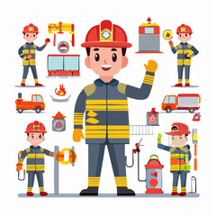 Fototapeta premium Flat cartoon firefighter character creator, rescue actions, fire equipment, protective gear, interchangeable poses, bold emergency