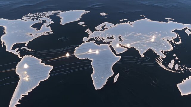 World Map Showing Undersea Internet Cables Marine Depth Contours and Global Signal Flow Paths