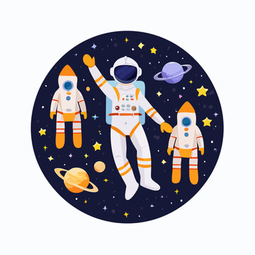 Flat vector astronaut character creator set, space exploration theme, floating poses, interchangeable helmets and suits