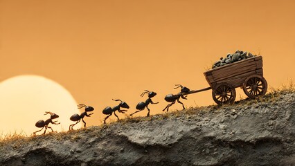 Obraz premium A line of ants pulling a wooden cart filled with green leaves up a rocky hill against a vibrant orange sunset background