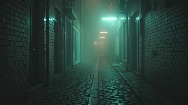Narrow Alley Beneath Heavy Fog and Wet Cobblestones Shines With Green Neon Reflections Tonight
