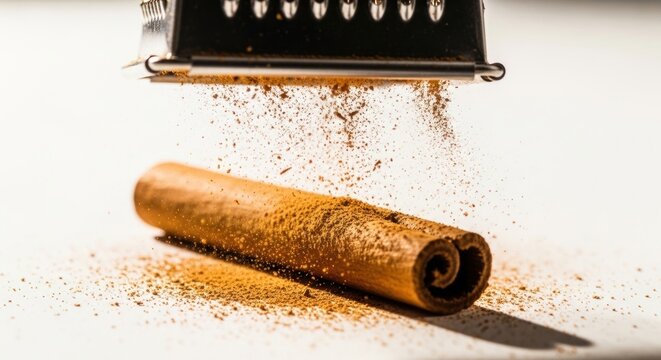 Metal grater shredding a cinnamon stick into fine powder