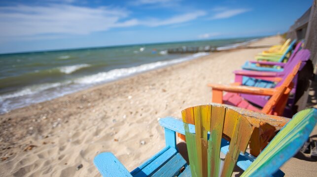 stiffening. Adirondack chairs on sunny beach shoreline, coastal vacation scene with ocean backdrop. tourism brochures.
