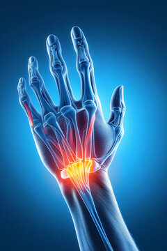 Human hand anatomy visualization highlighting skeletal and joint structure
