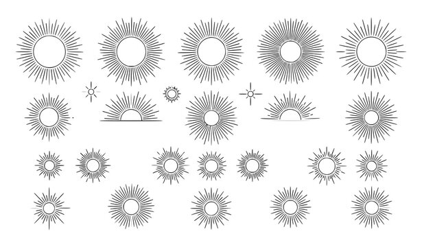 Sun line art frame and border set minimal sunburst outline vector collection black and white