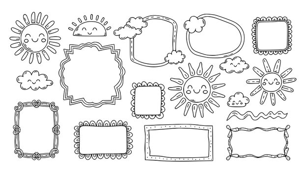 Cute doodle sun frame set hand drawn sunshine borders and decorative elements vector black and white