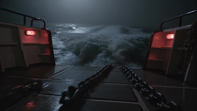 Near Stern Deck View Shows Black Ocean Wake and Wet Chains Dragging Behind