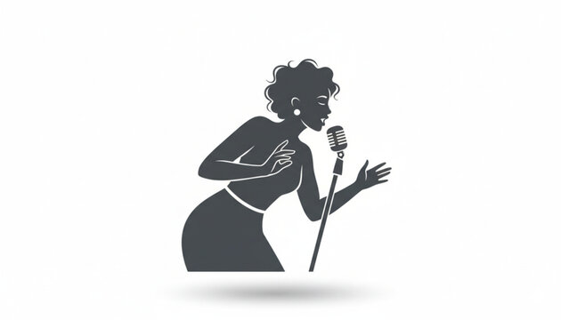 Silhouette of a woman singing into a vintage microphone, with curly hair and expressive hand gestures, on a white background.