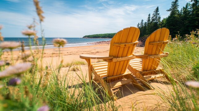 stiffening. Adirondack chairs on sunny beach shoreline, coastal vacation scene with ocean backdrop. tourism brochures.
