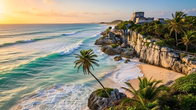 Tulums Ancient Mayan Ruins Overlooking the Turquoise Caribbean Sea.