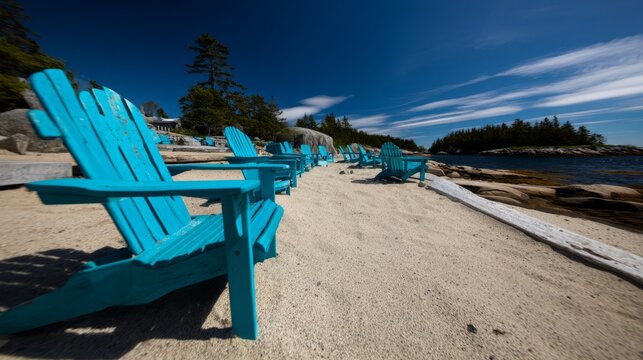 stiffening. Adirondack chairs on sunny beach shoreline, coastal vacation scene with ocean backdrop. tourism brochures.
