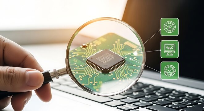 Close up of a microchip under a magnifying glass on a laptop keyboard