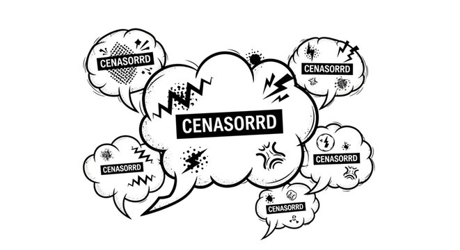 Censored speech bubbles with text.