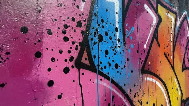 Vibrant graffiti art on a textured concrete wall featuring layers of pink, orange, yellow, and blue spray paint with black paint drips, splatters, and bold white graphic outlines.