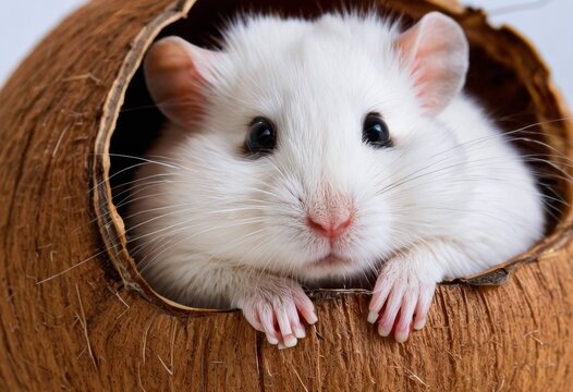 Cute white hamster inside a coconut shell