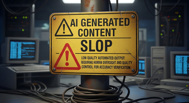 Conceptual digital illustration showing an artificial intelligence generated content slop warning sign representing low quality automated output machine failure and generic spam text