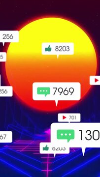 Magenta horizon glow initiating marketing counters appearing, sun glowing, metrics clustering below