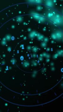 Big left digits appearing, mid digits forming central spiral, pulsing and visualizing data flow
