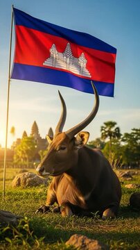 Majestic Forest Ox Resting Under National Flag with Ancient Temple Silhouette