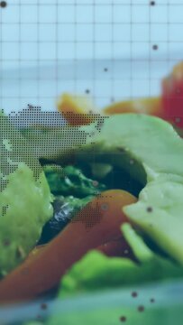 Vertical video: Camera panning salad showing avocado tomato dotted overlay shifting for food ads