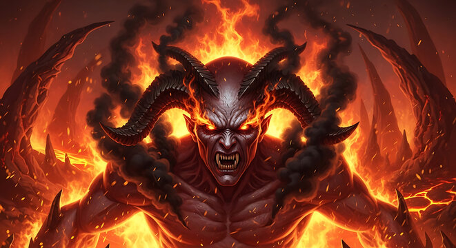 Sinister demonic entity with glowing furious eyes and menacing face emerging from infernal hellish flames, terrifying satanic monster creature of underworld darkness and intense heat.