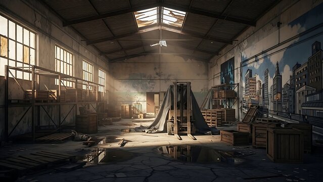 Sunlit Abandoned Warehouse Interior with Industrial Equipment and Urban Decay.