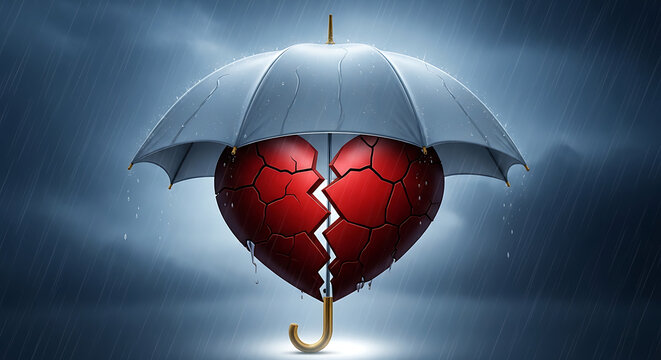 Conceptual representation of accidental death and dismemberment insurance coverage featuring a fractured red heart sheltered beneath a blue umbrella for security and safety.
