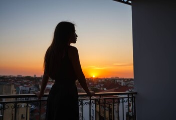 Fototapeta premium Silhouette of a woman watching sunset over city from balcony