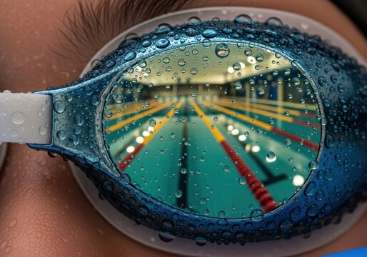 Water droplets on swimming goggles reflecting an indoor pool with lanes