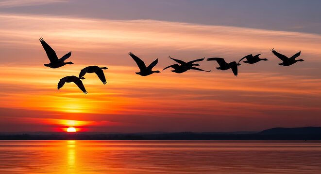 Migrating flock of wild geese gliding across a serene lake during a vibrant golden sunset landscape with reflection in the water