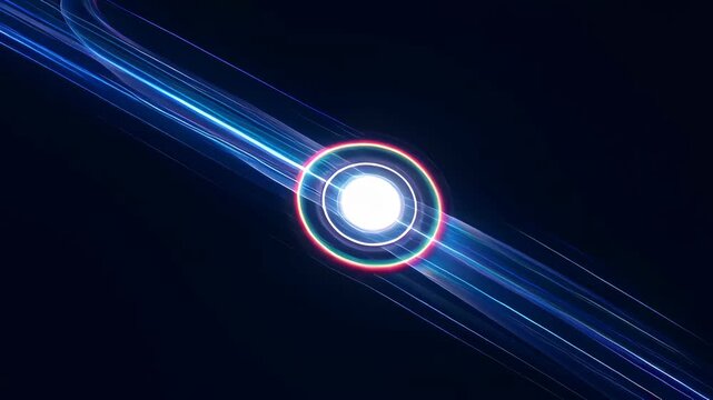 Abstract blue neon light streaks and diagonal glow with central circle dark background, circular light trail and glowing center, futuristic digital ring composition with vibrant color halo