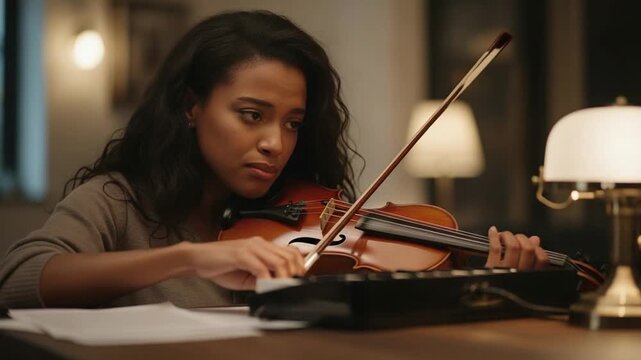 Focused Black female composer arranging music with violin at home desk at night