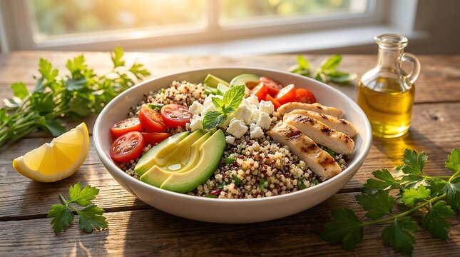 Healthy quinoa bowl with grilled chicken and fresh vegetables
