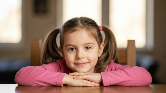 Preschool Girl with Pigtails in Pink Shirt Sitting at Table, Homeschooling and Early Childhood Education