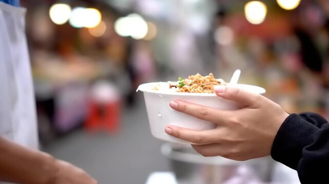 A close-up view of hands exchanging a bowl of warm, freshly prepared food, symbolizing community support, charity, and compassionate giving at a lively outdoor food distribution event