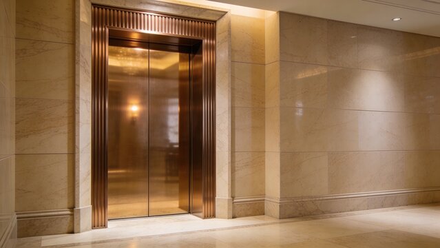 Ribbed Bronze Elevator Threshold with Honed Limestone and Soft Reflected Glow Luxury Entrance